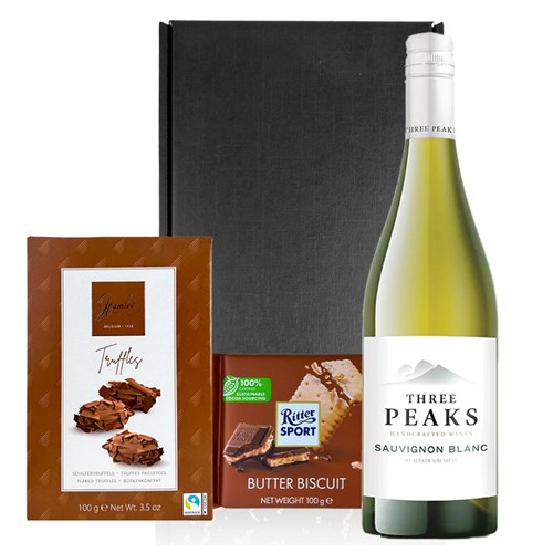 Three Peaks Sauvignon Blanc 75cl White Wine and Chocolates Gift Box | Luxury Gift Set with Truffles & Ritter